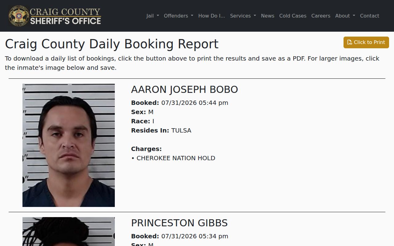 Craig County 24-hour booking report used in release verification