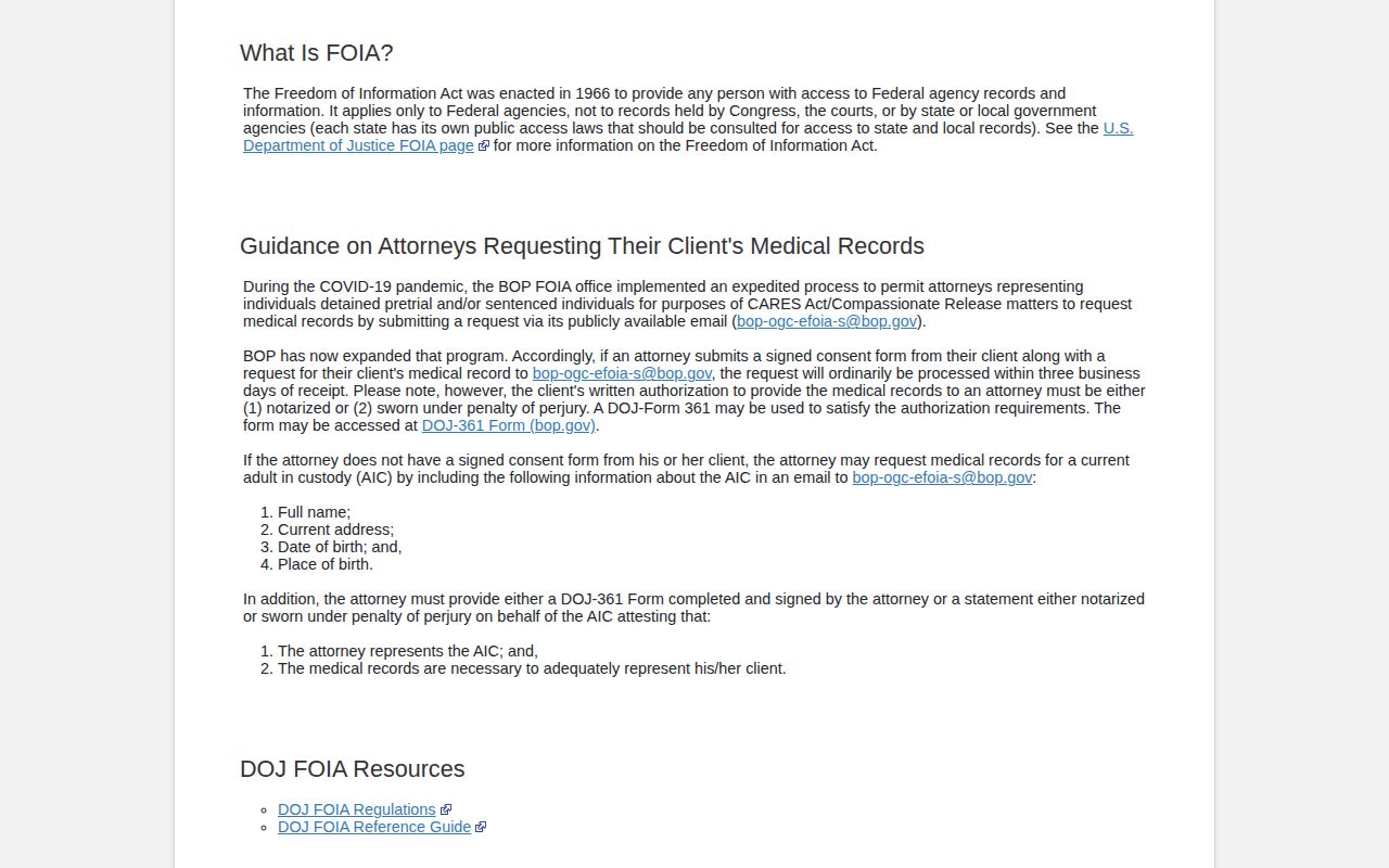 BOP federal release records request route for Craig County inquiries