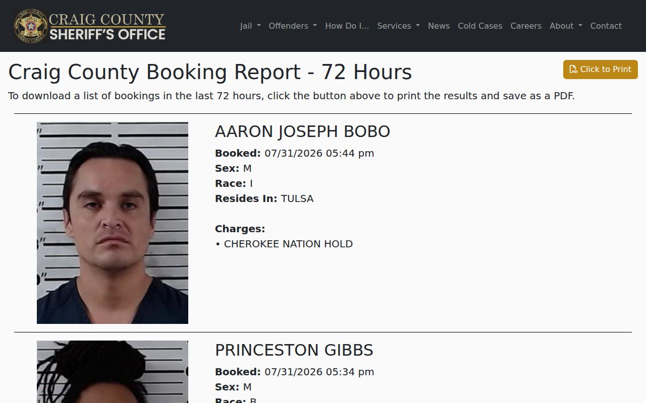 Craig County 72-hour booking report used to check release records